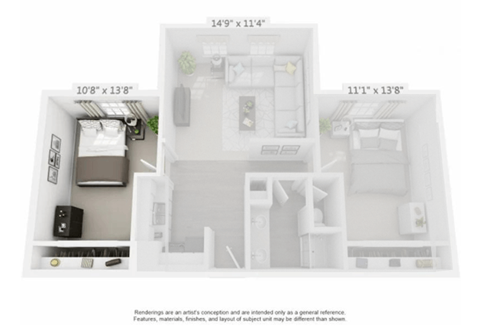 Floor plan for 1 bed, 1 bath, 375 sqft